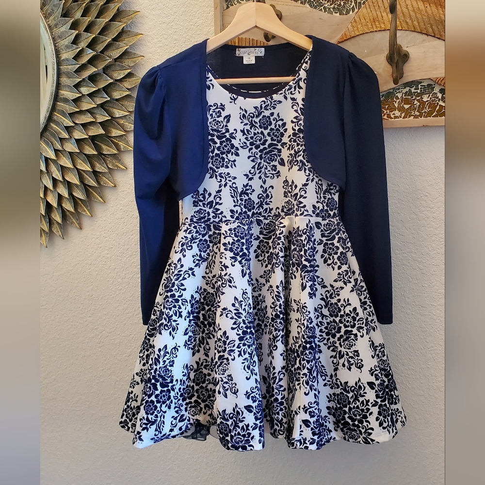 Navy White & Rhinestone Floral Party Dress 10/12